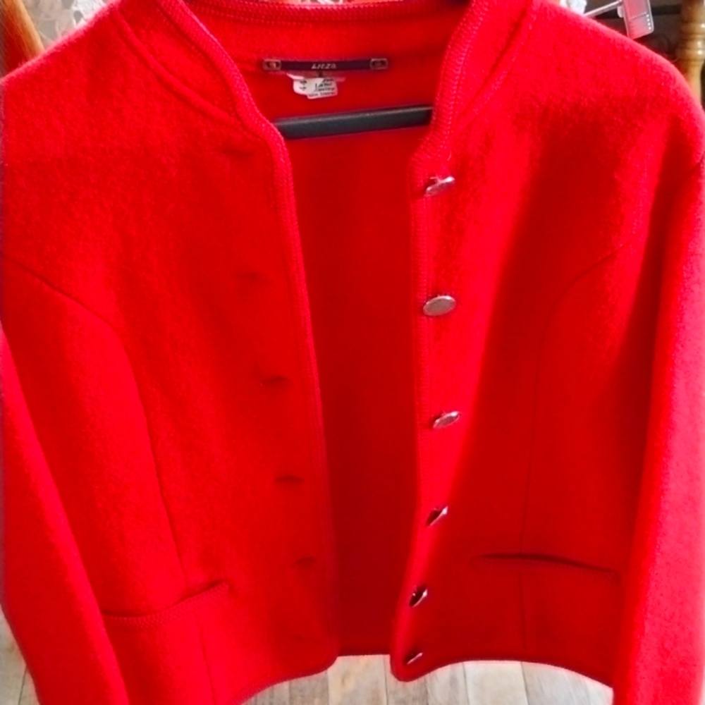 VTG Geiger Style RED BOILED WOOL CARDIGAN SWEATER